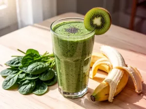 Kolorowe acai bowl z bananem, borówkami, nasionami chia i masłem migdałowym w ceramicznej miseczce.