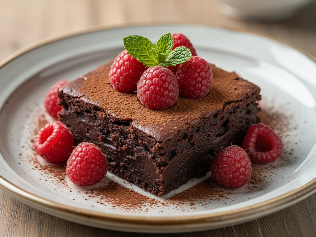 Kawałek wilgotnego brownie fit na talerzu, udekorowany świeżymi malinami, listkiem mięty i odrobiną kakao.