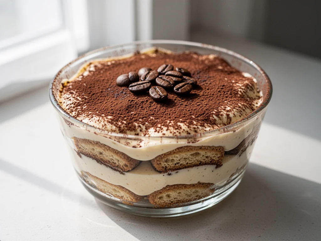 Porcja fit tiramisu w szklanej miseczce z widocznymi warstwami kremu i biszkoptów posypanych kakao.