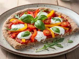 Puszysty omlet ze szpinakiem, pomidorkami koktajlowymi, fetą i awokado na białym talerzu. Zdrowa propozycja na śniadanie.