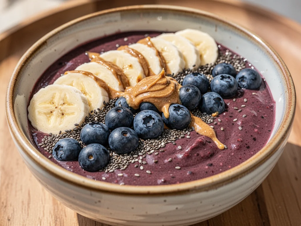 Kolorowe acai bowl z bananem, borówkami, nasionami chia i masłem migdałowym w ceramicznej miseczce.