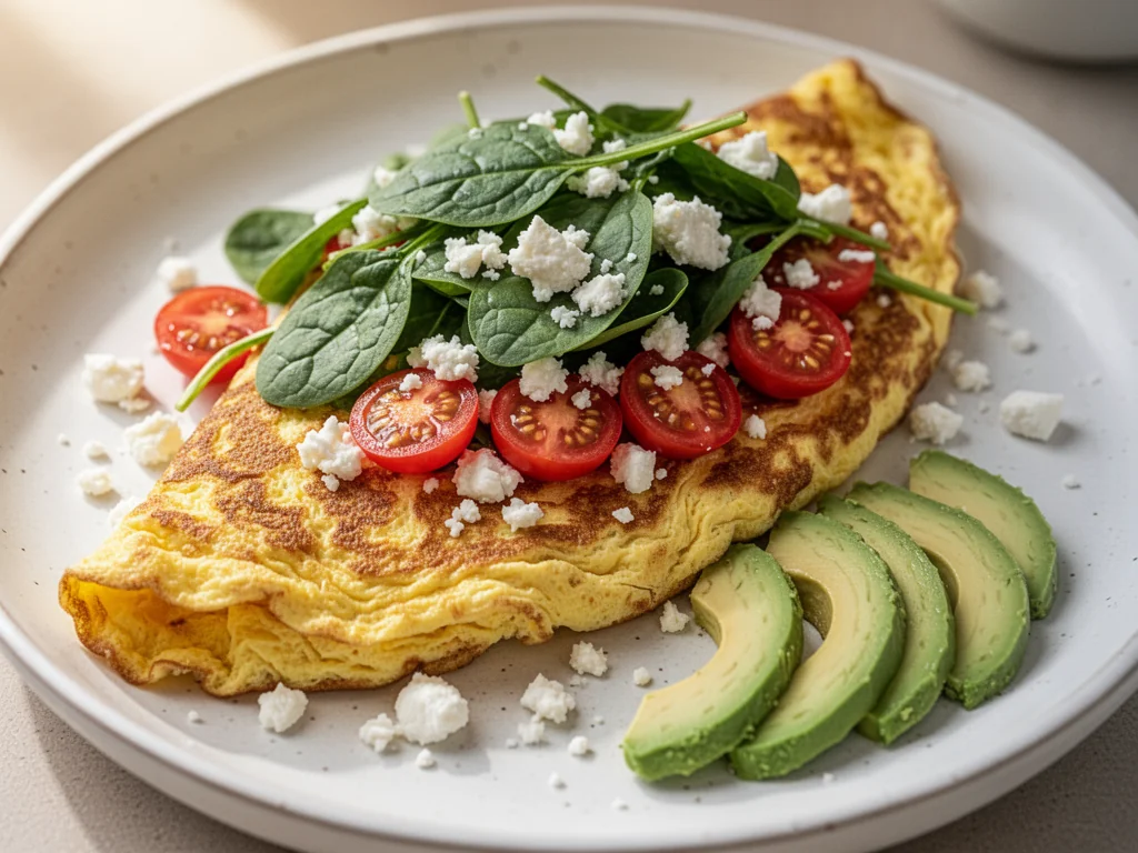 Puszysty omlet ze szpinakiem, pomidorkami koktajlowymi, fetą i awokado na białym talerzu. Zdrowa propozycja na śniadanie.